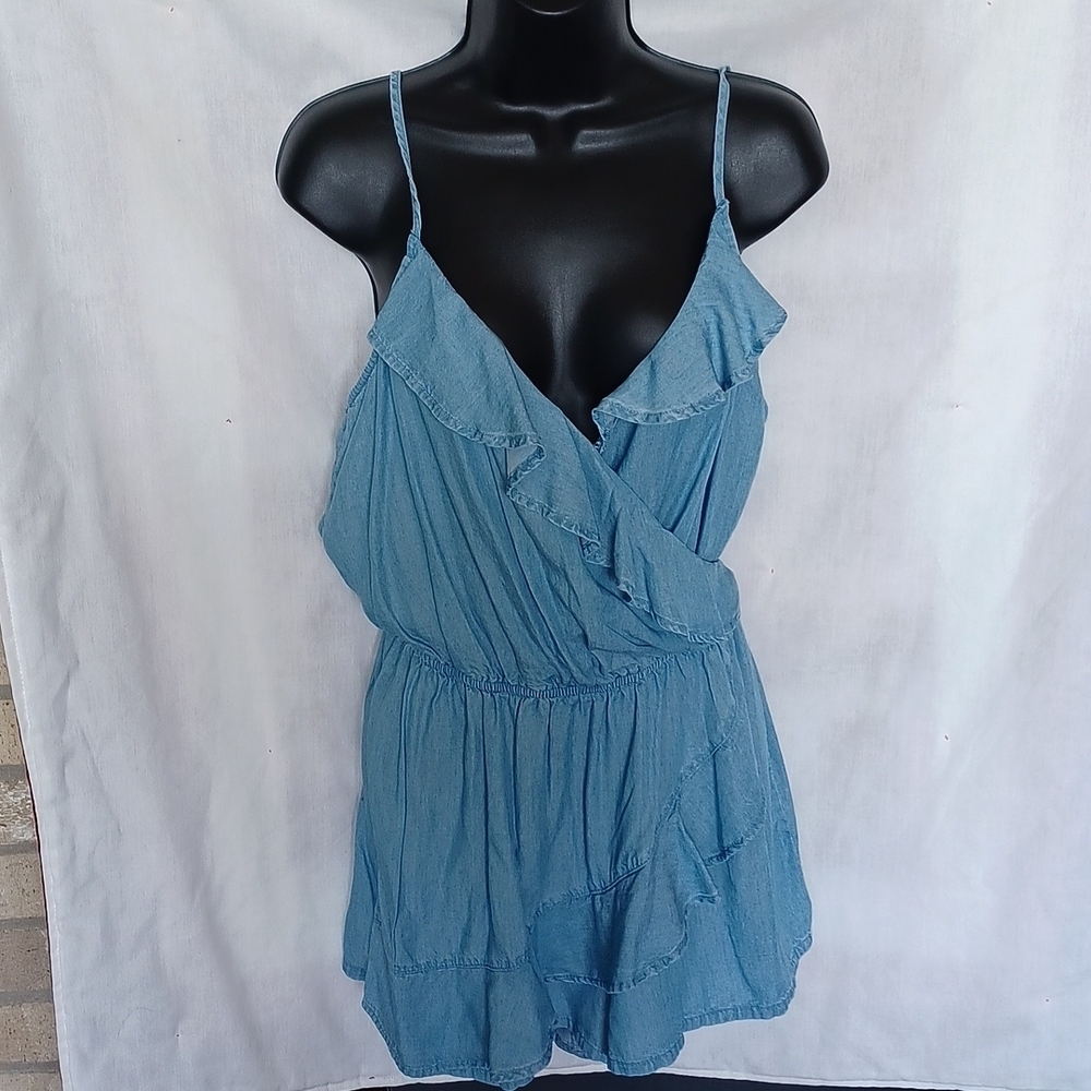 Arizona Jean Company Light Blue Denim Romper with Ruffle Trim